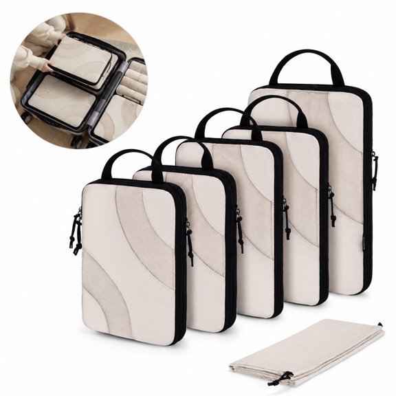 Compression Packing Cubes, Double Zipper Lightweight Polyester Luggage Organizers, 6 Set Travel Storage Bags with Drawstring Pouch for Carry On Suitcases