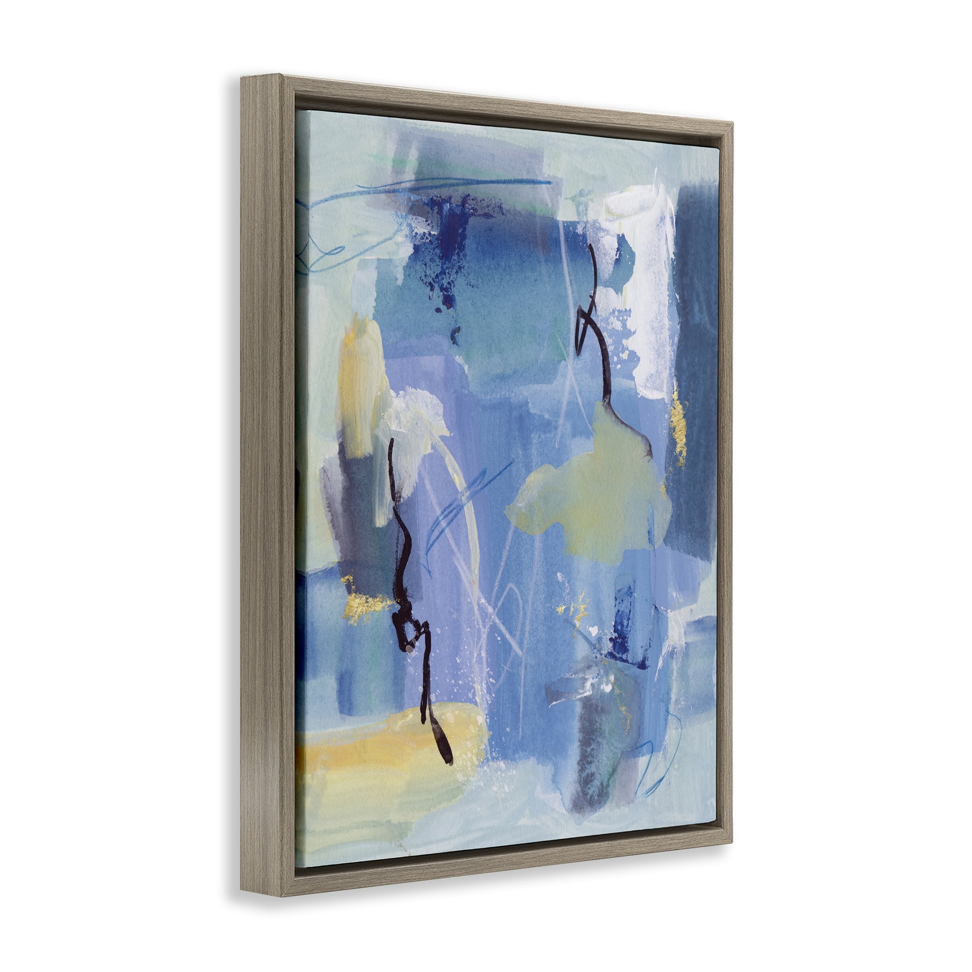 Stupell Industries Blue Abstract Yellow Accents Abstract Painting Brown Floater Framed Canvas Art Print Wall Art, 17 x 21