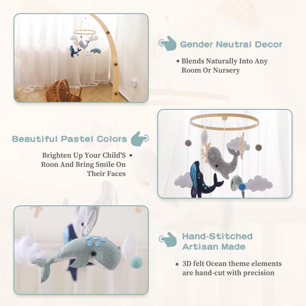 HYPERLIVING Baby Crib Mobile Ocean Nursery Mobile for Boys Girls Handmade Felt Mobile for Crib Nursery Decor for Infant Bedroom Hanging Baby Mobile for Bassinet Newborn Baby Gift（Whales）
