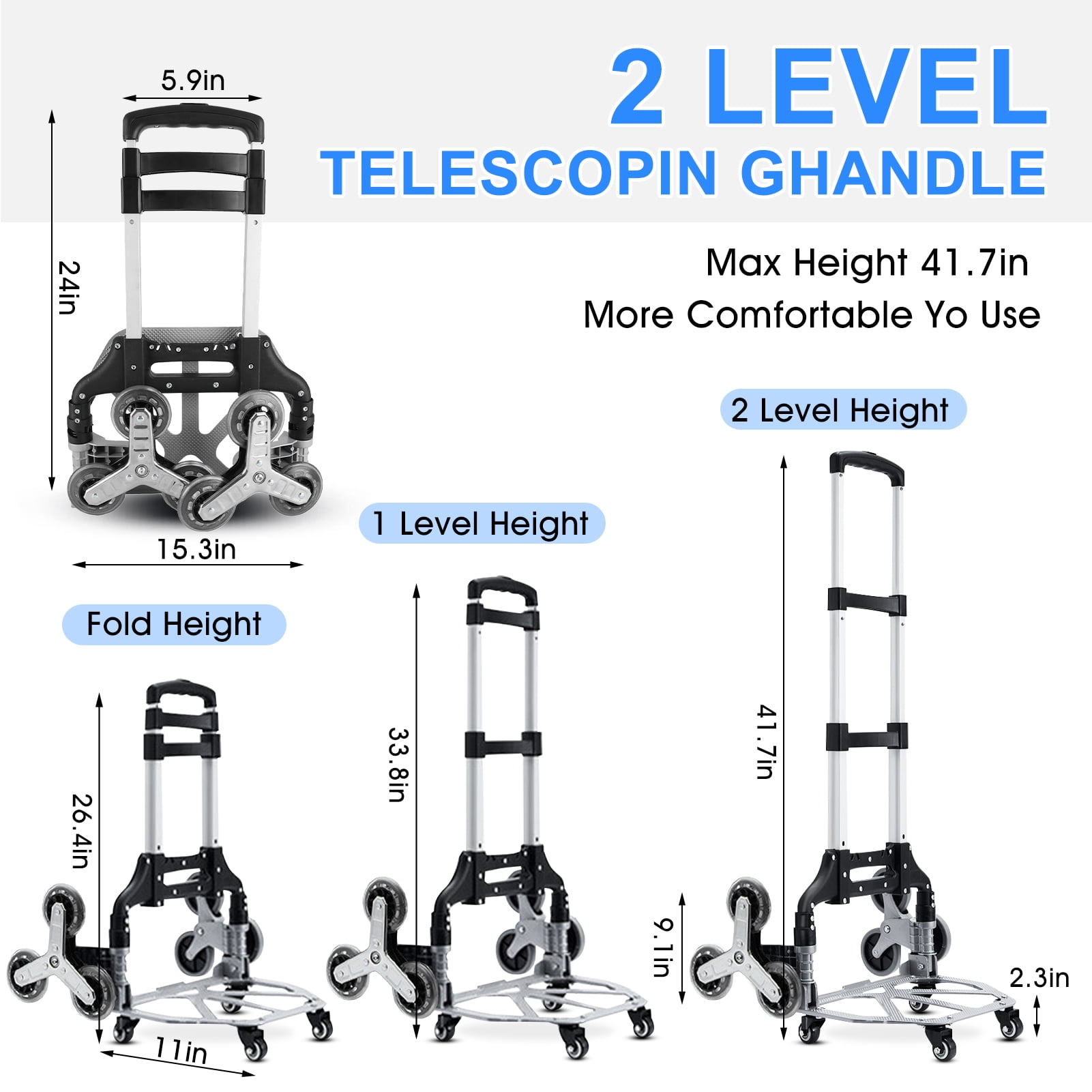Stair Climbing Cart, 220 lbs Capacity, Foldable Heavy-Duty Hand Truck with 33.8-41.7 inch Adjustable Handle Height, 4 Universal Wheels & Elastic Ropes, Multipurpose Dolly for Warehouse Shopping
