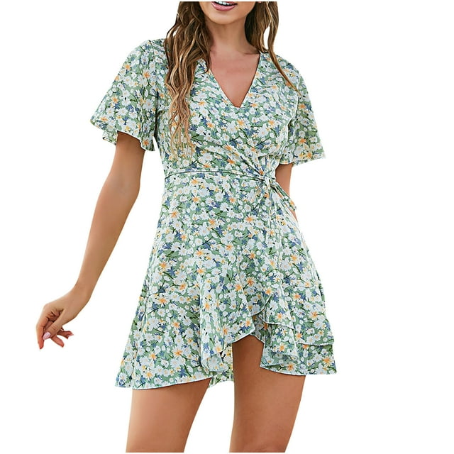 DPTALR Femmes Été Casual Bandage Imprimé Floral à Manches Courtes Sexy Mini Robe