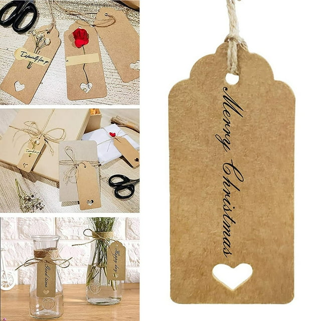 100Pcs /Set Kraft Paper Tags Tags With String Gift Tags for Wedding Bridal Shower Gift Tags/Kraft Tags With Cut Strings for Gifts Crafts & 100 Kraft Paper Label Cards, 100 Hemp Ropes Clearance!