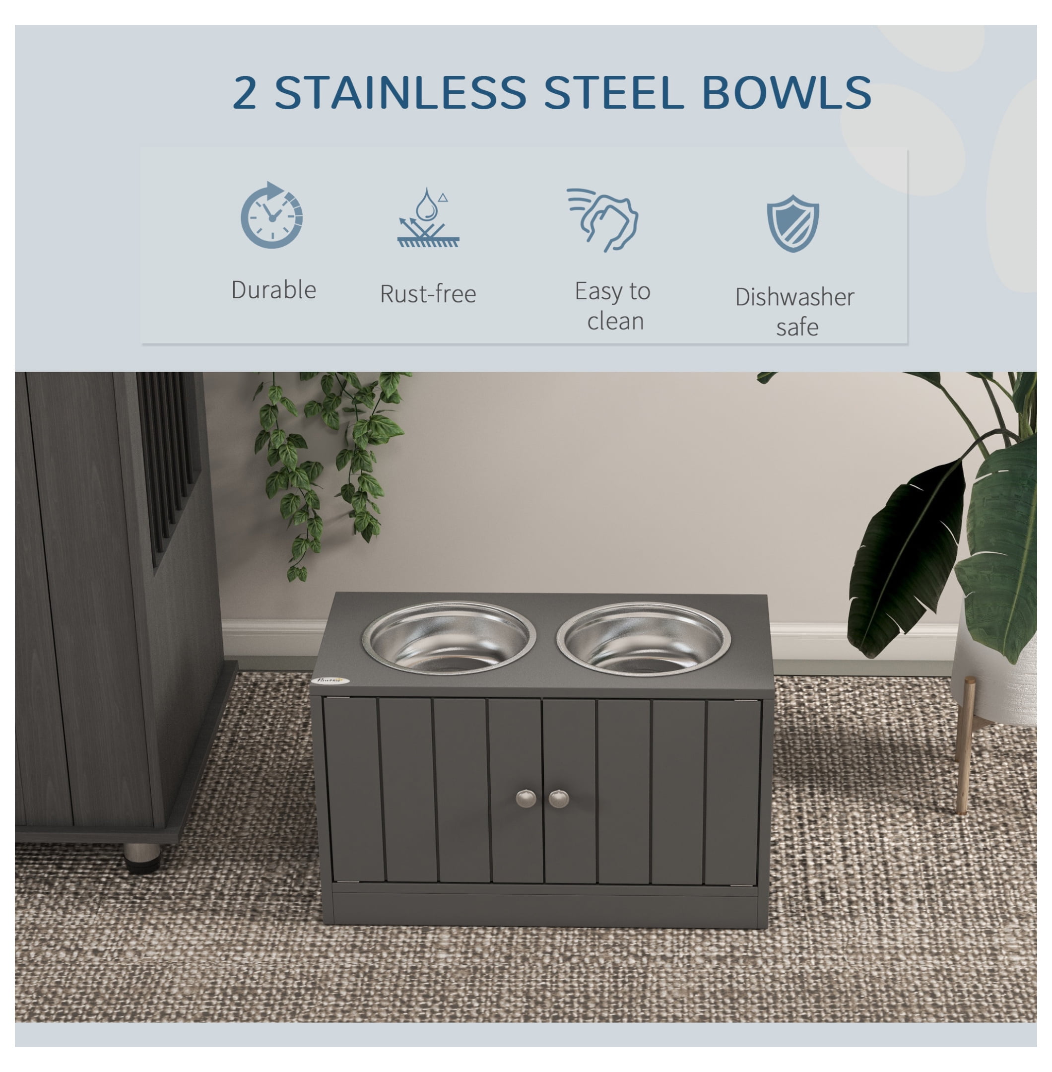Dog Bowls with Storage Cabinet - 44L Capacity - Elevated Feeder for Large Dogs - Gray