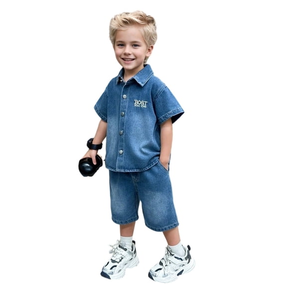 Bysome Boys Outfit Set Letter Print Short Sleeve Lapel Neck Tops With Solid Color Shorts Outfit Loose Fit Boys Set Size 3-4 Years Blue