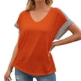 thumbnail image 3 of Camiseta de mujer Verano Cuello en V Rayas Manga corta Casual Top suelto, Naranja, XL Scienceny AP001320-12, 3 of 7