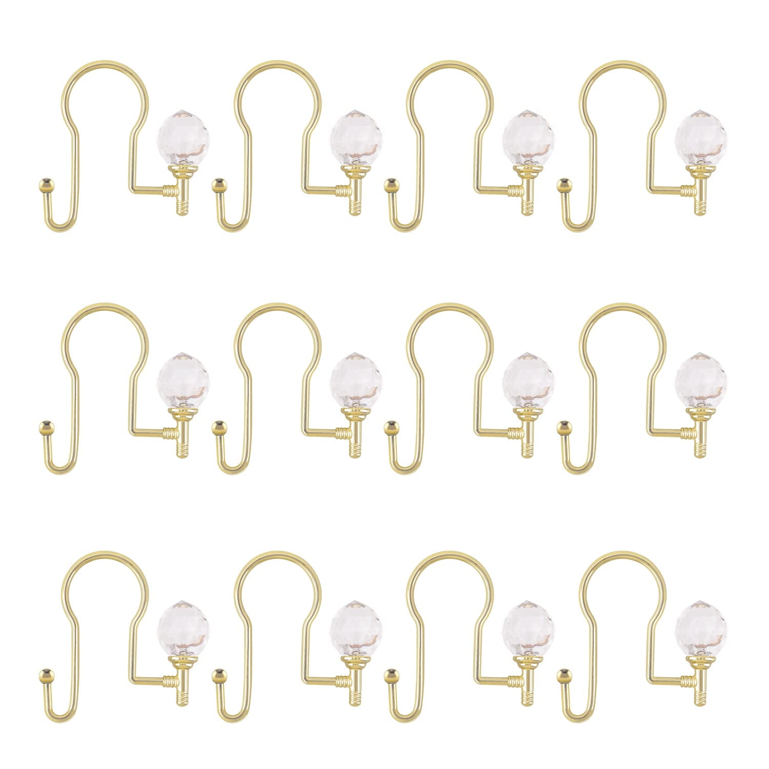Utopia Alley  Rustproof Zinc Double Shower Curtain Hooks for Bathroom, Crystal Design, Set of 12 Gold