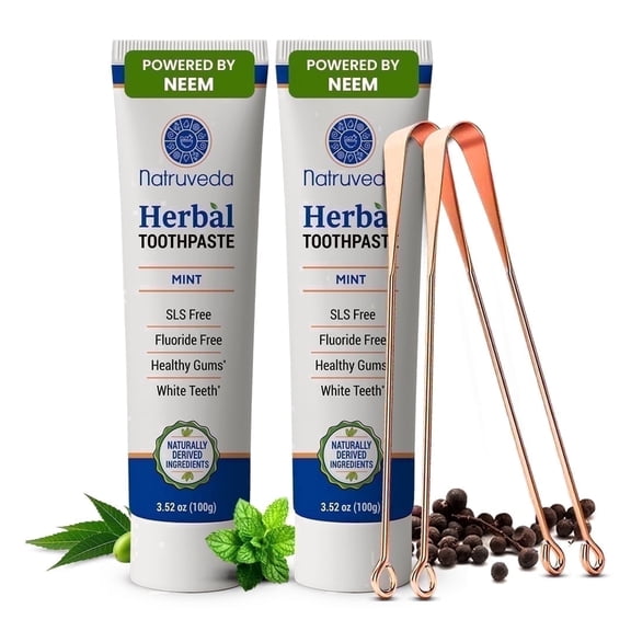 Natruveda Neem Herbal Toothpaste with Complimentary Copper Tongue Scraper | Fluoride Free, SLS Free, Natural Toothpaste for Adults | Ayurvedic Oral Care with 8 Herbal Ingredients | 3.52 oz(pack of 2)