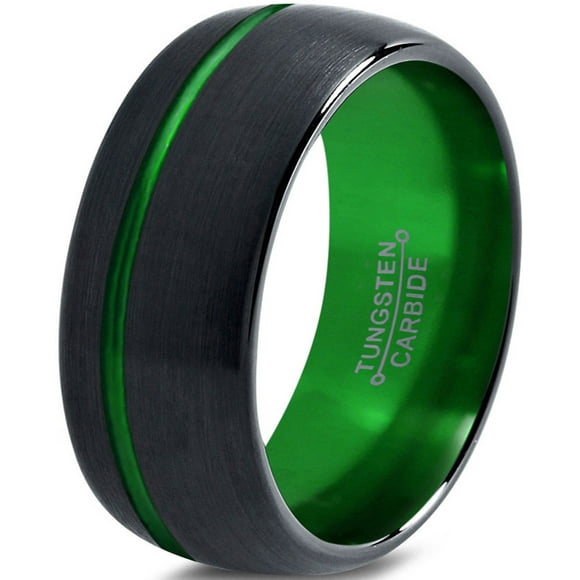 Tungsten Wedding Band Ring 10mm for Men Women Green Black Domed Brushed Polished Offset Line Lifetime Guarantee