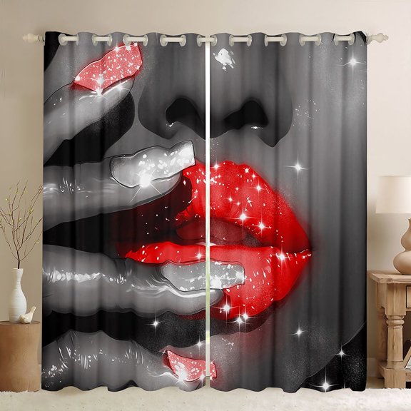 Erosebridal Glitter Lips Curtains for Living Room,Bling Sparkling 30%-50% Blackout Curtains Set of 2 (38x45),Grey Red Curtains and Drapes (38x45),Sparkle Room Decoration