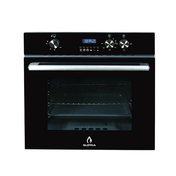 Horno empotrable gas/eléctrico Supra en color negro con cubierta frontal de cristal