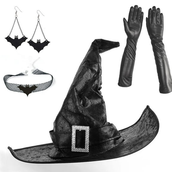 Halloween Costume Witch Set Halloween Wizard Costume Cosplay Accessory with Witch Hat, Necklaces, Earrings, Gloves for Women Adult