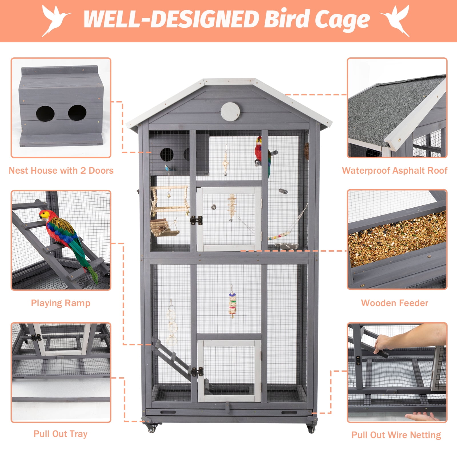 PETSCOSSET 65" Outdoor Bird Aviary,  Wooden Bird Cage on Wheels