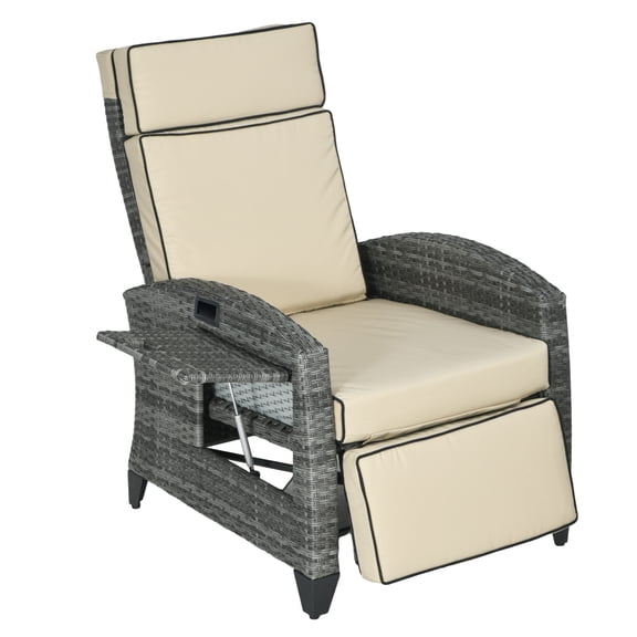Outdoor Recliner Chair with Cushions, Patio Lounge Chair Adjustable Footrest, Tray Table, Khaki
