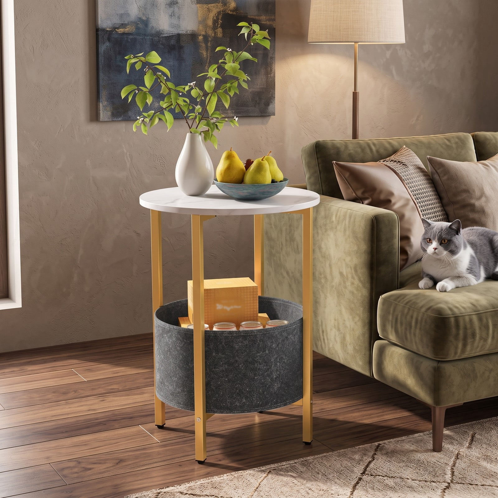 Furnibear Round End Table 2-Tier Side Table with Removable Fabric Basket and Sturdy Metal Frame for Living Room Bedroom Study Nightstand Storage, White