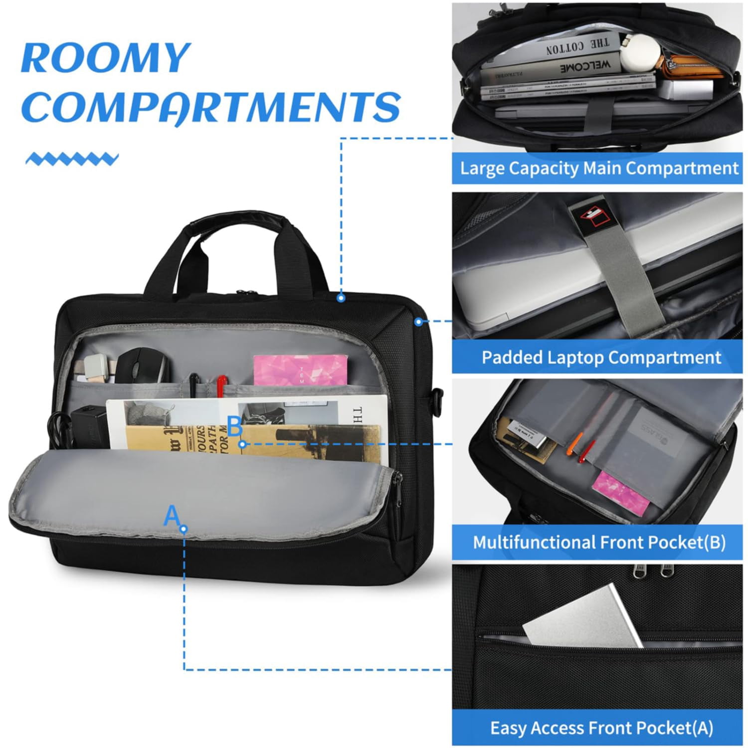 Laptop Bag 17.3 Inch Laptop Briefcase Large Waterproof Laptop Case for Men Women Business Office Work Computer Bag 17 Inch Adjustable Shoulder Messenger Bag,Black