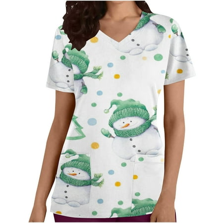 

Christmas Shirts for Women Cute Xmas Snowflake Print Basic Loose Short Sleeve Sweatshirt Fashion Going Out Pullover Scrub Tops