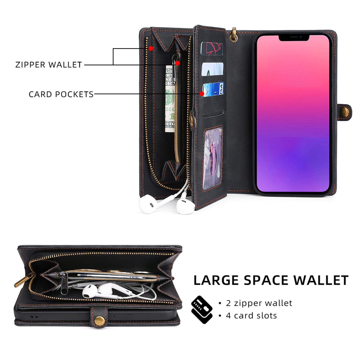 Defencase for iPhone 13 Mini Case for Women Men, Removable Durable PU Leather Magnetic Flip Strap Wristlet Zipper Purse Card Holder Detachable Wallet Phone Cases for iPhone 13 Mini, Black