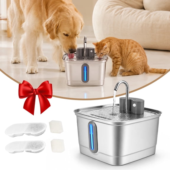 Yucurem Upgraded Automatic Cat Water Fountain with Infrared Motion Sensor, 3L Stainless Steel Wireless Pet Fountain, 4-Stage Filtration, Ultra-Quiet Pump, Silver