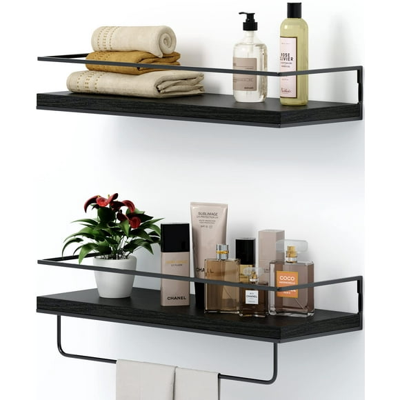 Shario White Floating Shelves - Set Of 2 Wall Mounted Hanging Shelves With Black Towel Rack Decorative Storage Shelves For Bathroom Kitchen Living Room & Bedroom (Modern White)