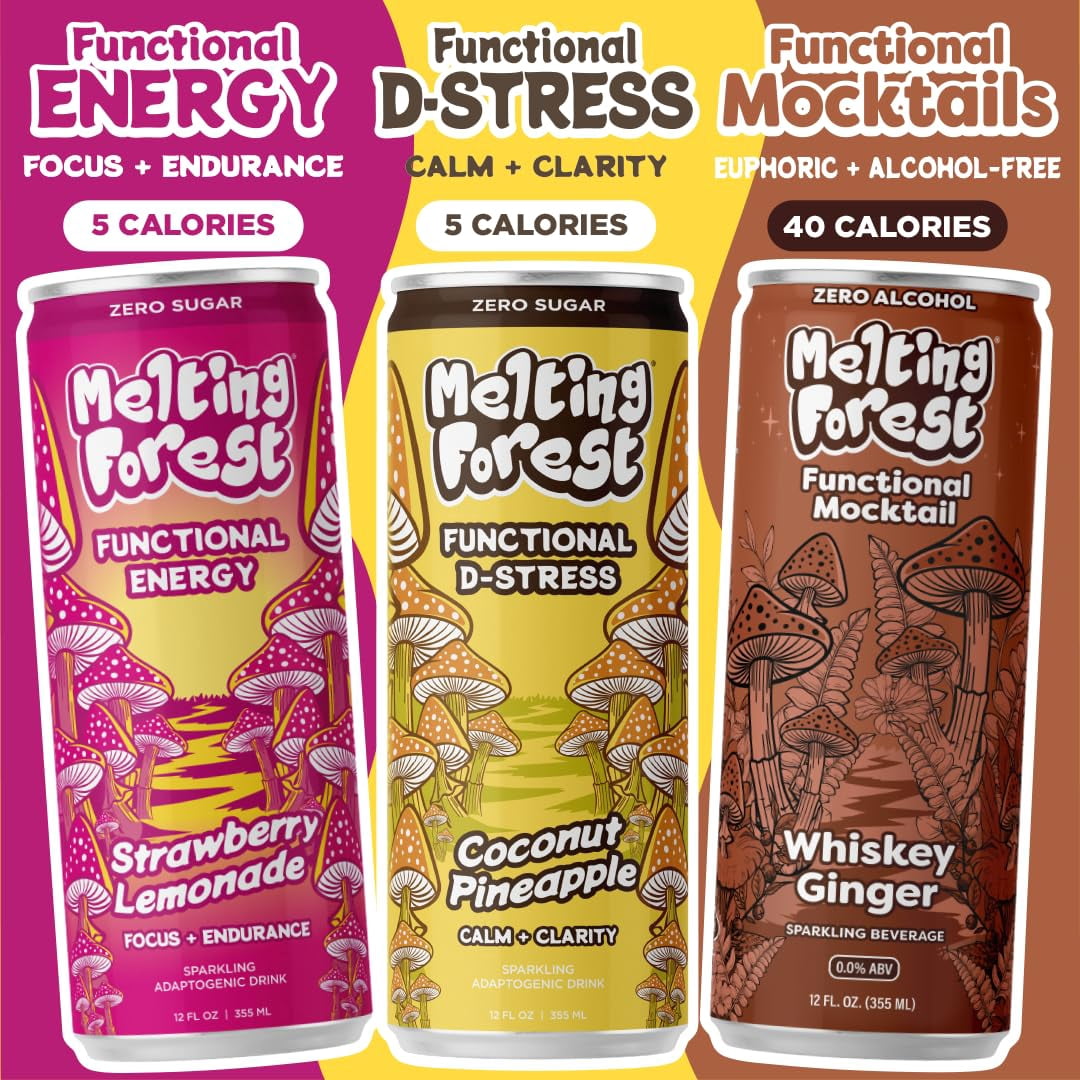 Melting Forest Mushroom Energy Drink, Black Cherry, Flavored Sparkling Water, Mushroom-Infused Seltzer, 5 Calories Zero Sugar — 12 Pack