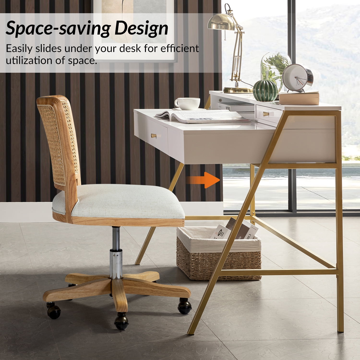 Swivel Office Chair Wooden Rattan Back Adult Task Chair Living Office Room, Beige