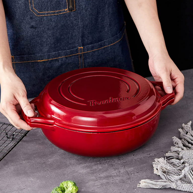Bruntmor 2-in-1 Red Enameled Cast Iron Cocotte Double Braiser Pan with Grill Lid, 3.3 Quarts