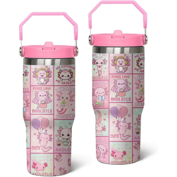 30oz Axolotls Tumbler with Handle,Large Insulated Tumbler with Flip & Straw Coffee Mug Cup Stainless Steel Gifts for Women Men Youth