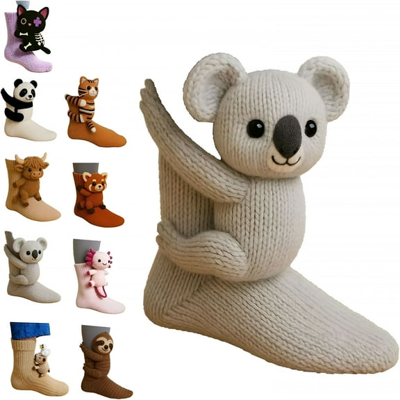 TELOLY 3D Knit Animal Socks Koala, Machine Washable Knit Socks for Men & Women, Various Animal Pattern Designs, Winter Warm Style