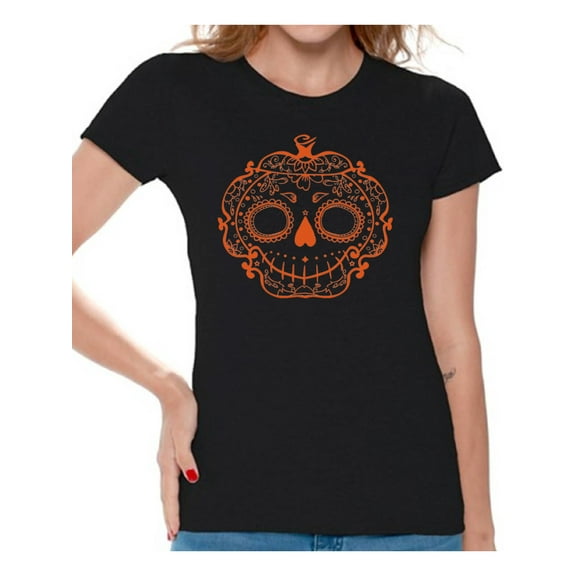 Awkward Styles Halloween Shirts for Women Funny Sugar Pumpkin Trick or Treating Shirt Orange Pumpkin Halloween Design Spooky Sugar Skull Funny Halloween Outfit