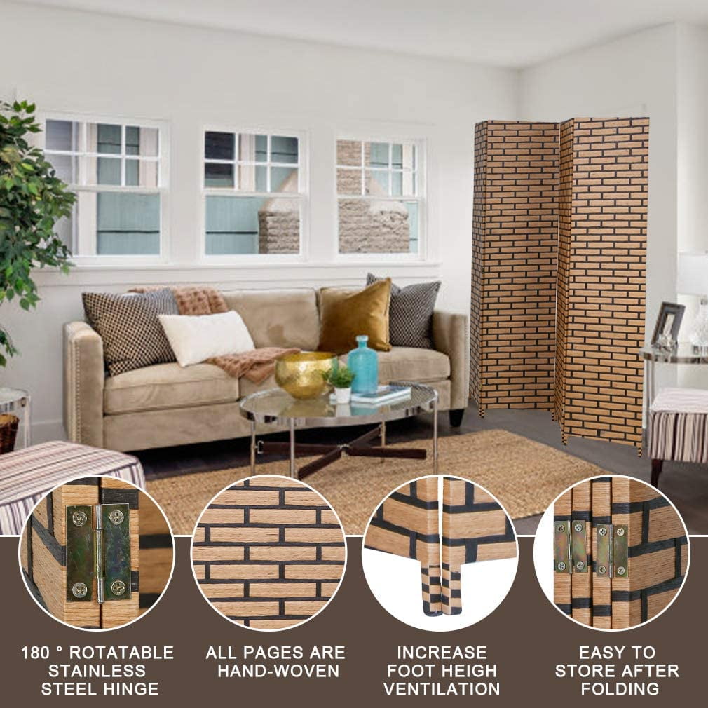 4-Panel Room Dividers and Folding Privacy Screens Partition Walls for Bedroom Wooden Screen Divider Portable Freestanding Privacy Wall, Brick