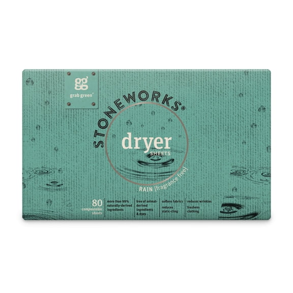 Grab Green Natural, Stoneworks Dryer Sheets, Fragrance Free, 80 Sheets