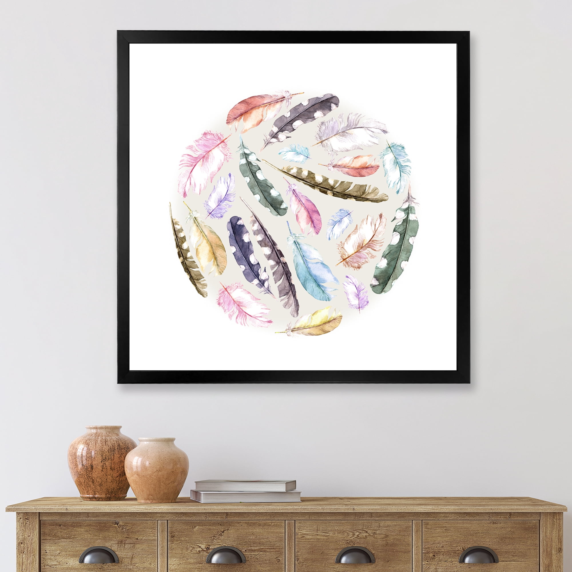 Designart 'Ancient Bird Feathers In Circle' Traditional Framed Art Print
