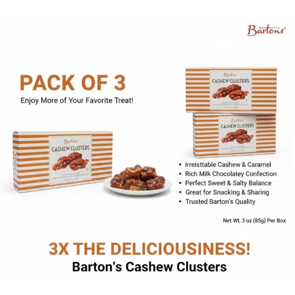 Bartons Cashew Clusters, Cashew and Caramels Drenched in Smooth Milk Chocolate, 3 oz Each, Pack of 3