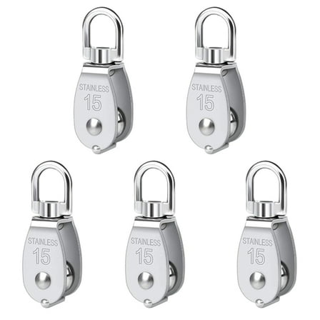 Pulley 304 Stainless Steel Single Pulley Block M15 Small Heavy Duty Swivel Bearing Pulley System for Rigging,5Pack