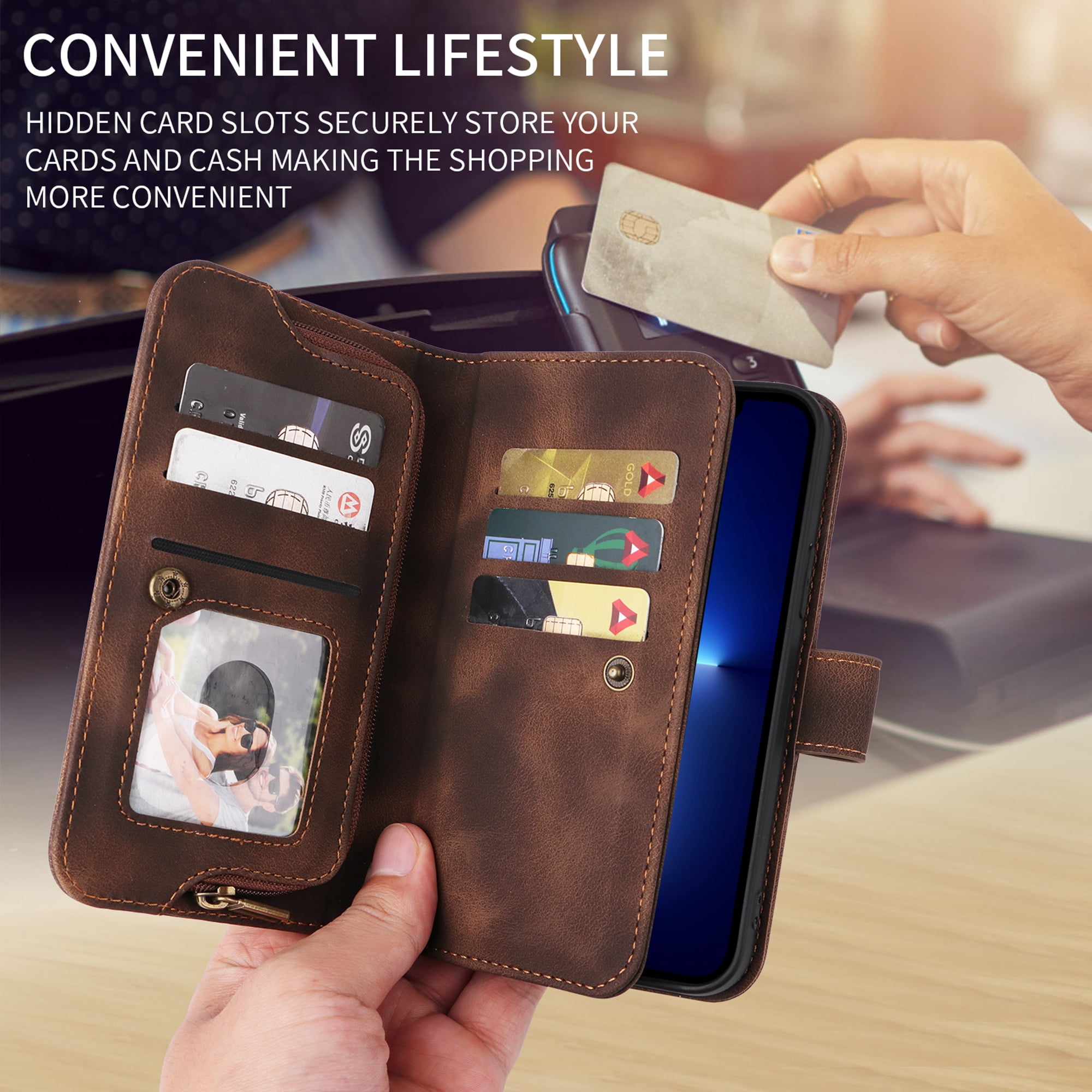 Dteck for Apple iPhone 14 Pro 6.1 inch Wallet Case for Women Men, Sturdy PU Leather Case Magnetic Flip Zipper 7 Cards Holder Wristlet & Shoulder Strap Kickstand Phone Case, Brown