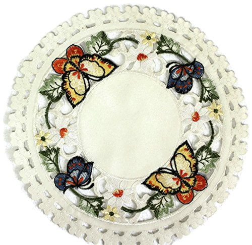 Doily Boutique Round Doily Embroidered with Multi-Color Butterfly and Flowers on Ivory Fabric Size 11 inches