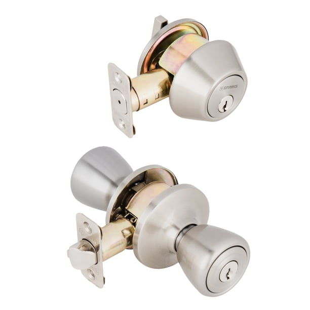 Brinks Keyed Entry Tulip Style Doorknob and Deadbolt Combo, Satin