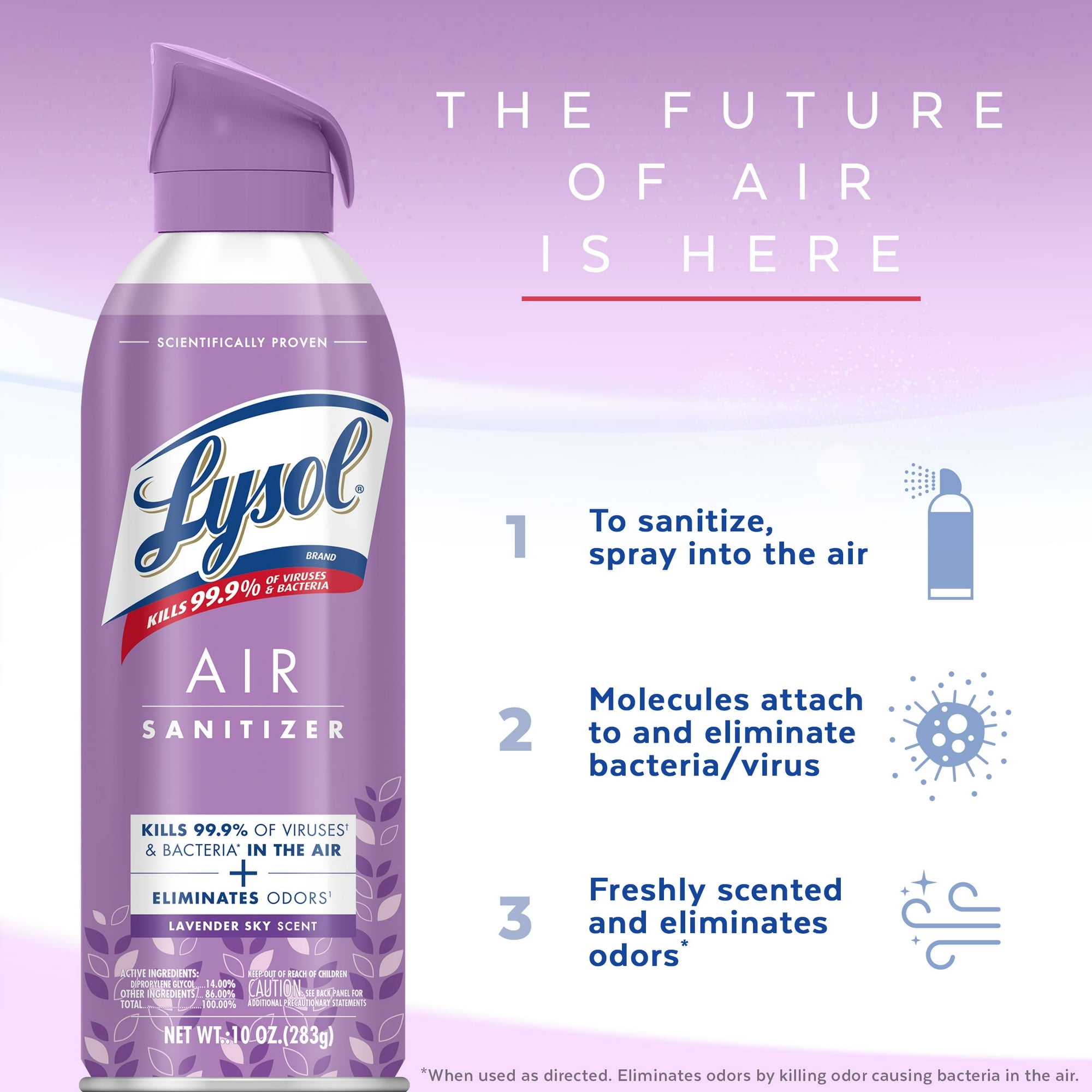(3 pack) Lysol Air Sanitizer Spray for Air Sanitization and Bacterial Odor Elimination, Air Freshener Alternative, Lavender Sky Scent, 10 oz
