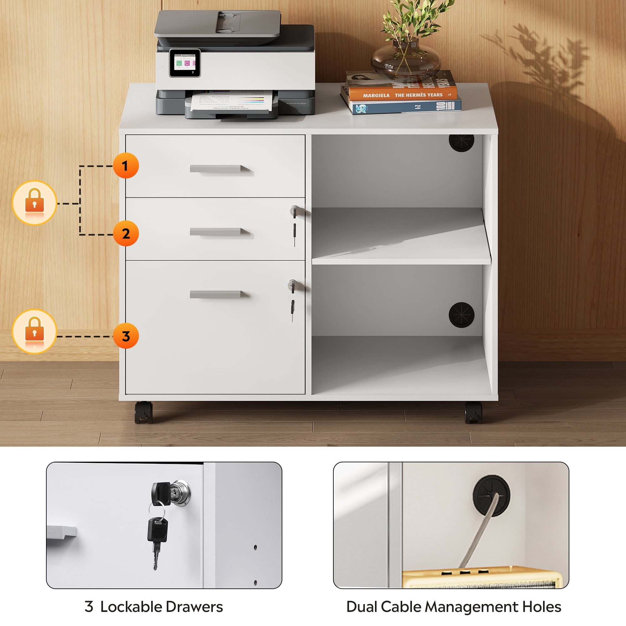GALAXHERO 3-Drawer File Cabinet with Lock and Key, Mobile Wood Lateral Filing Cabinet & Printer Stand with Open Shelves for Home Office, White