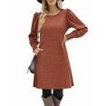 thumbnail image 2 of Women'S Knit Dress with Puff Sleeves for Fall and Winter Round Neck Casual Tunic Dress Brick Red L, 2 of 6