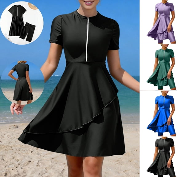 LEKWK Womens Swim Dress with Shorts Short Sleeve One Piece Bathing Suits Zipper Front Modest Swimming Dress