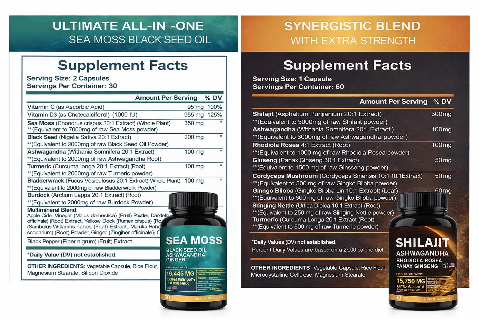 DEZEN Shilajit 15250mg & Sea Moss 19445mg - 60 Count Each with Black Seed Oil, Ashwagandha, Ginger, Rhodiola Rosea