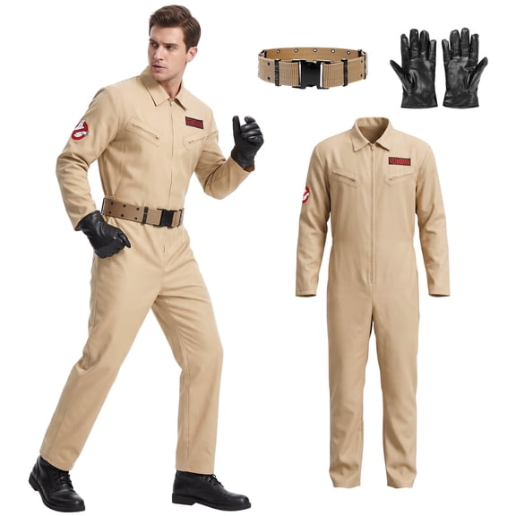 Forfamy Ghost Hunter Costume Adult Costumes 4Pcs Ghost Costume Suit Halloween Costumes for Adults Fancy Dress, Beige