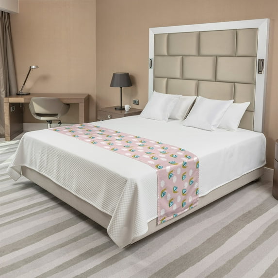 Snail Bed Runner, Cartoon Concept of Happy Animal Characters Clouds in the Sky Art, Decorative Accent Bedding Scarf for Hotels Homes and Guestrooms, Queen, Rose Sea Blue and Fawn, by Ambesonne