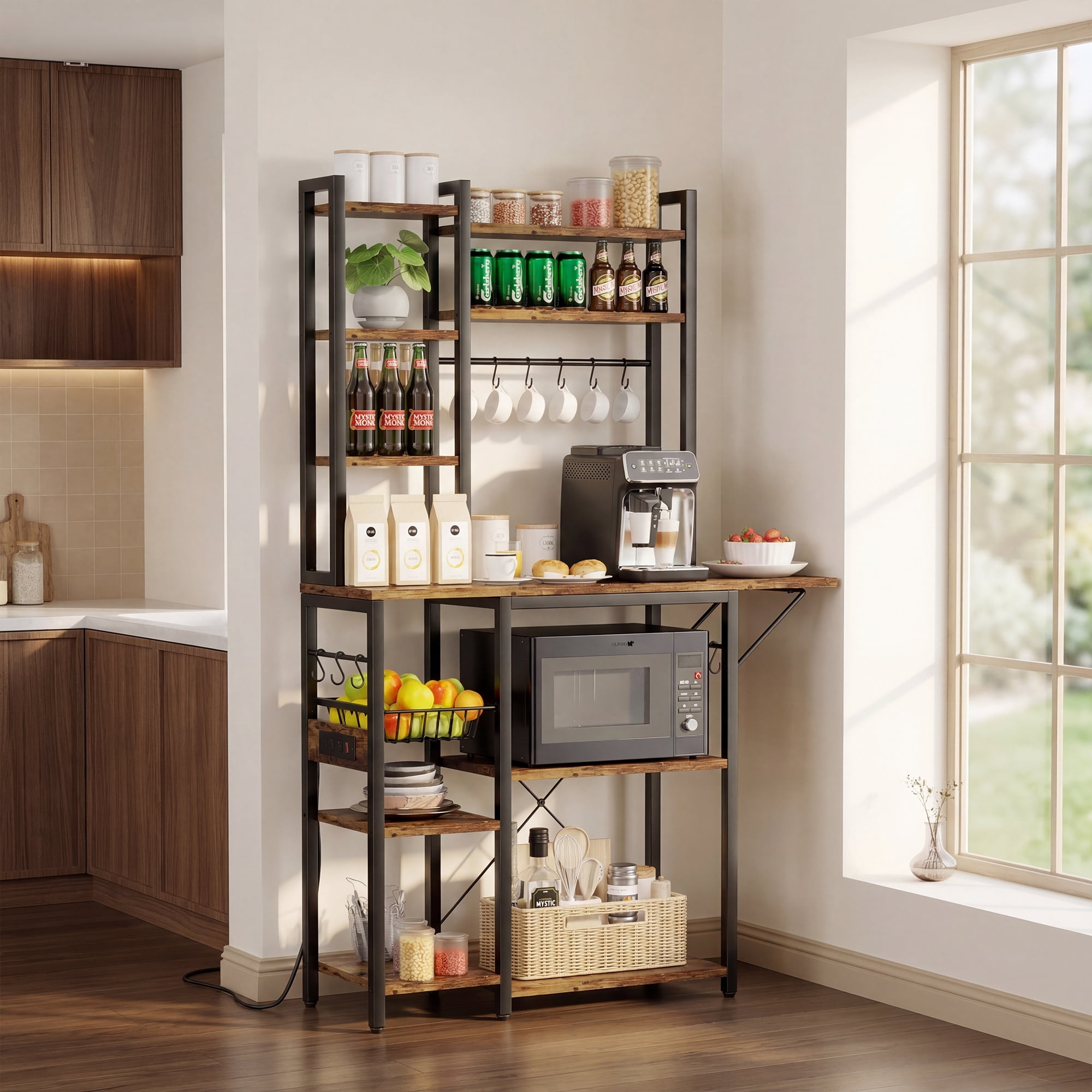 Keenstone Kitchen Bakers Rack Desktop Extension with 3 Power Outlets, Microwave Oven Stand with 14 S-shaped Hooks ,Coffee Bar Table 10 Tiers with Wire Basket,Rustic Brown