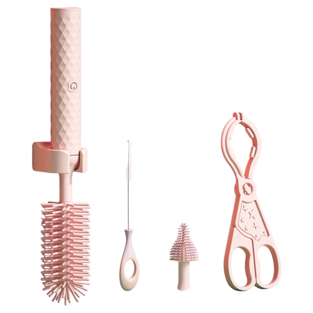 Bearachild Juego de limpiador de tetinas con cepillo eléctrico para biberones, cepillo para tetinas aprobado por Mam, juego de cepillos Suministros de limpieza para el hogar rosa 4 piezas