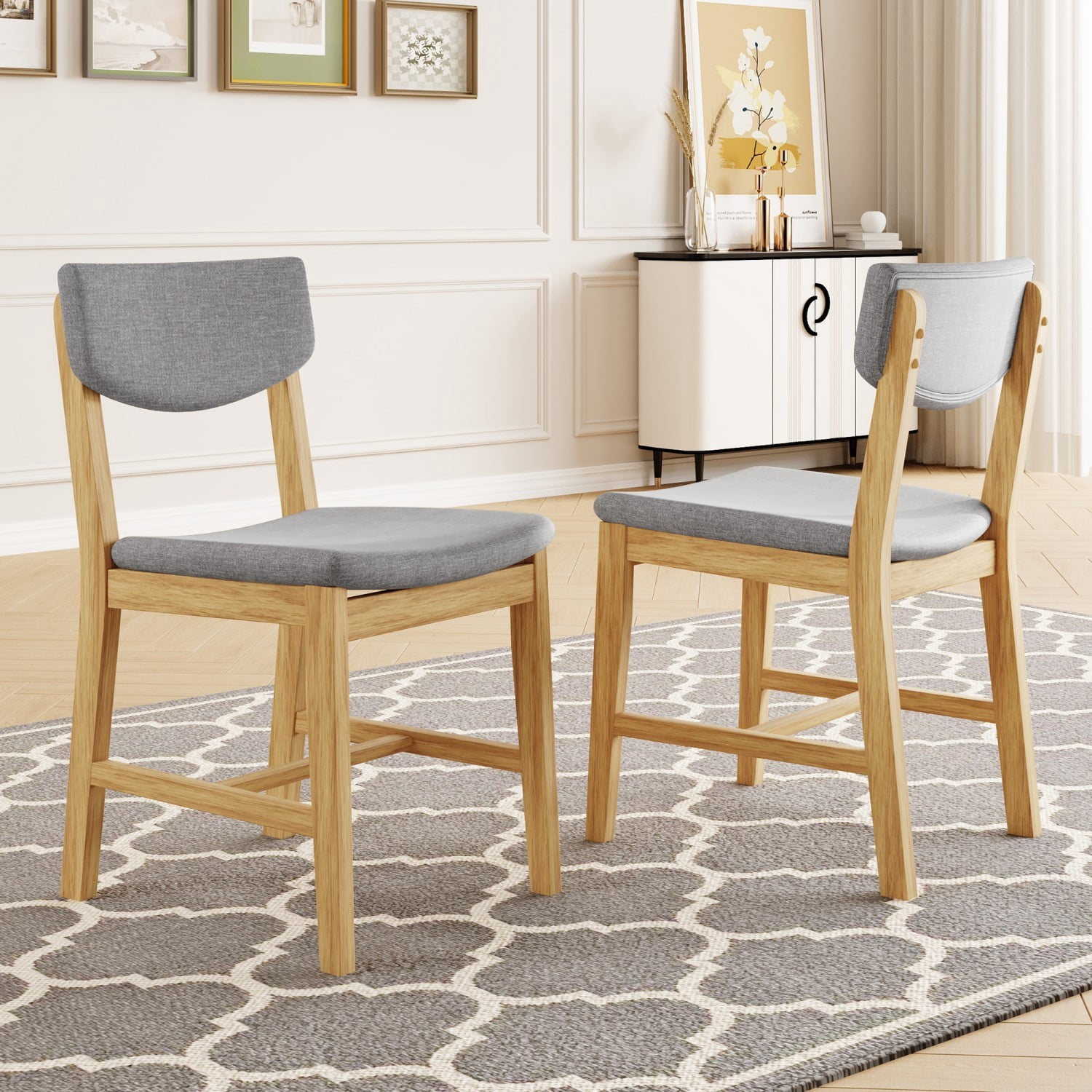Rustic Farmhouse Dining Chairs Set of 4 Solid Wood Dining Chairs with Gray Fabric Upholstered Seat and Backrest Accent Chairs for Kitchen Dining Room Living Room, Natural