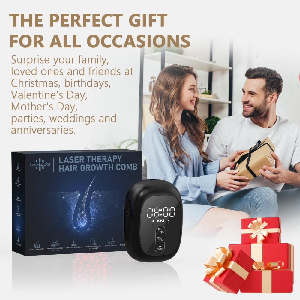 LaseLocks Red Light Massage Comb - 40 x 660nm LED Beads + 8 x 650nm LED Beads, Rechargeable, Compact Travel Design with Detachable Storage Pouch-Black
