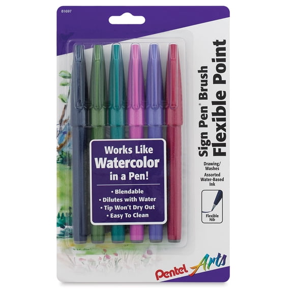 Pentel Arts Sign Pen Brush Tip, Assorted Pastel Colors, 6-Pk