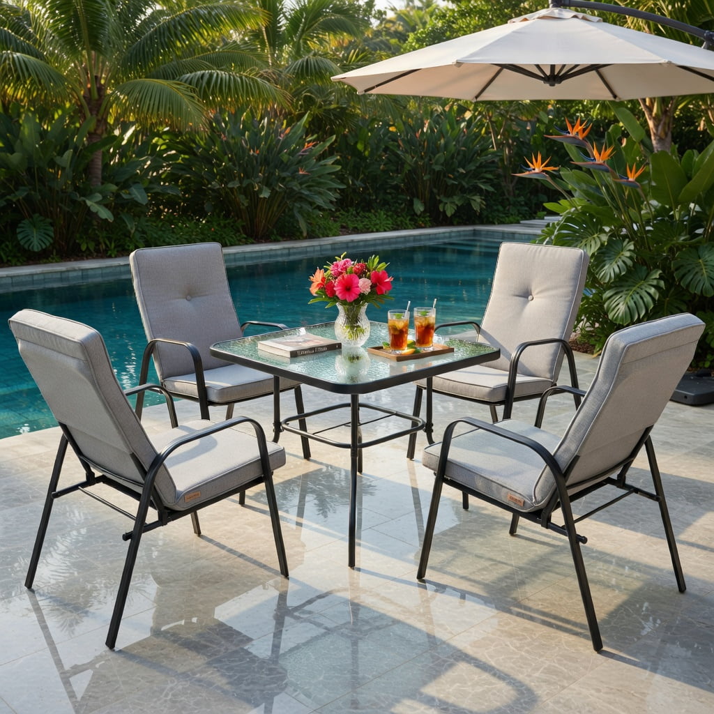 Hommoo 4-Pack Stackable Outdoor Dining Chairs with High-Back Cushions, Heavy-Duty Steel Frame, Rust-Resistant Powder-Coated Finish, Indoor/Outdoor Use, Gray